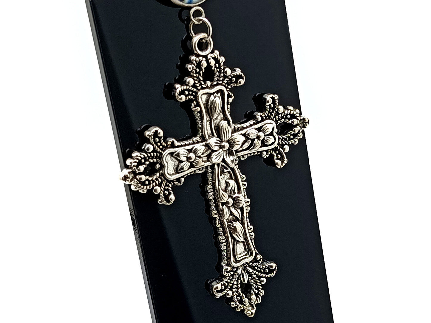 Our Lady of Grace unique rosary beads domed picture medals purse clip with large decorative cross on lobster purse clasp.