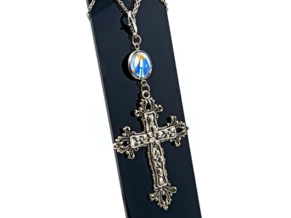 Our Lady of Grace unique rosary beads domed picture medals purse clip with large decorative cross on lobster purse clasp.