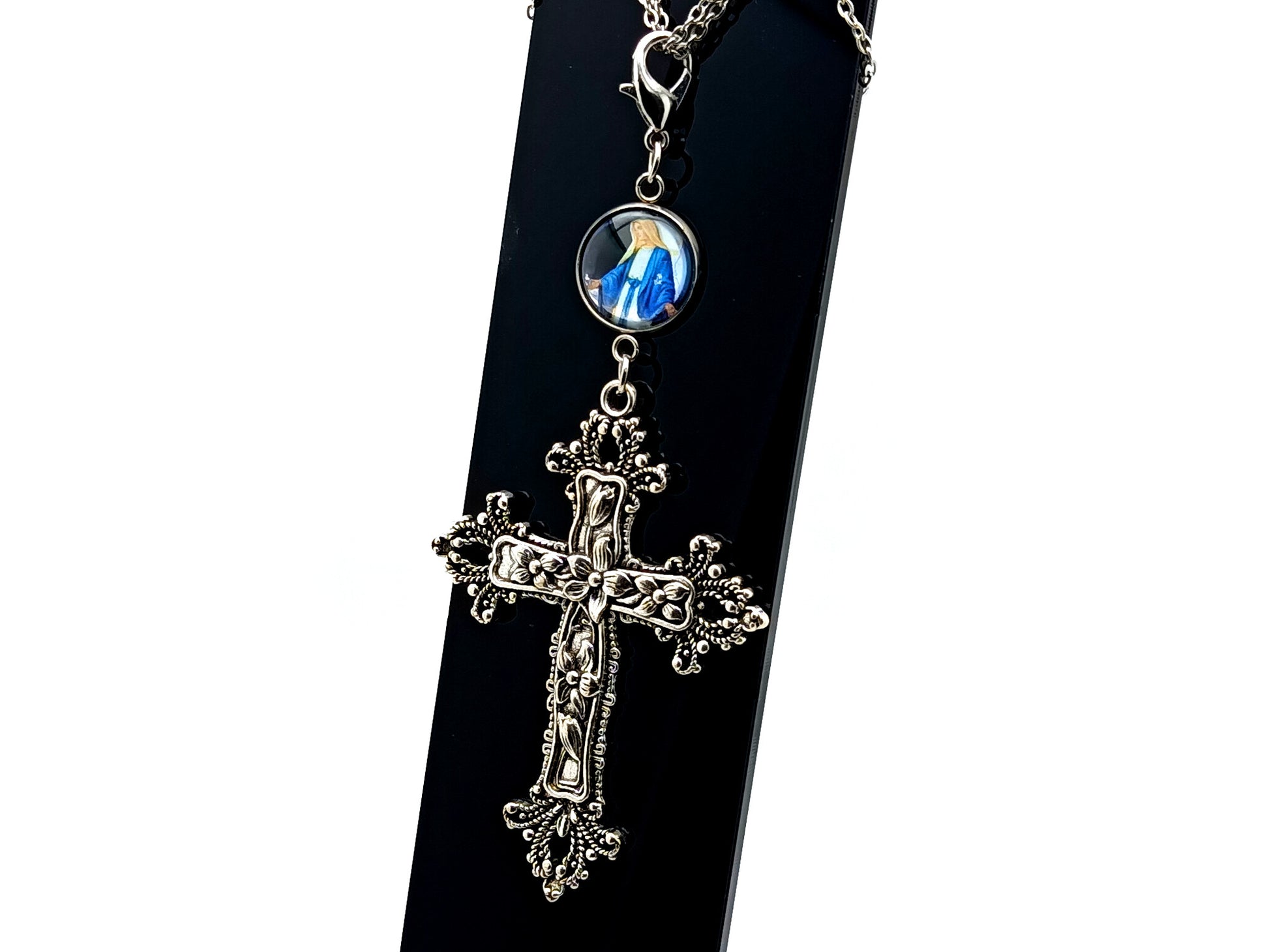 Our Lady of Grace unique rosary beads domed picture medals purse clip with large decorative cross on lobster purse clasp.