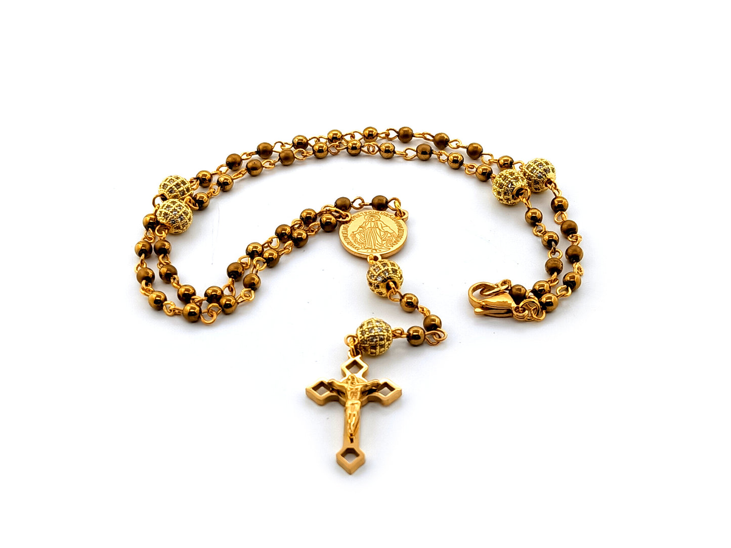 Miraculous medal hematite gemstone unique rosary beads and gold plated miniature wearable rosary beads with crystal Our Father beads and Stainless steel gold Saint Benedict crucifix.