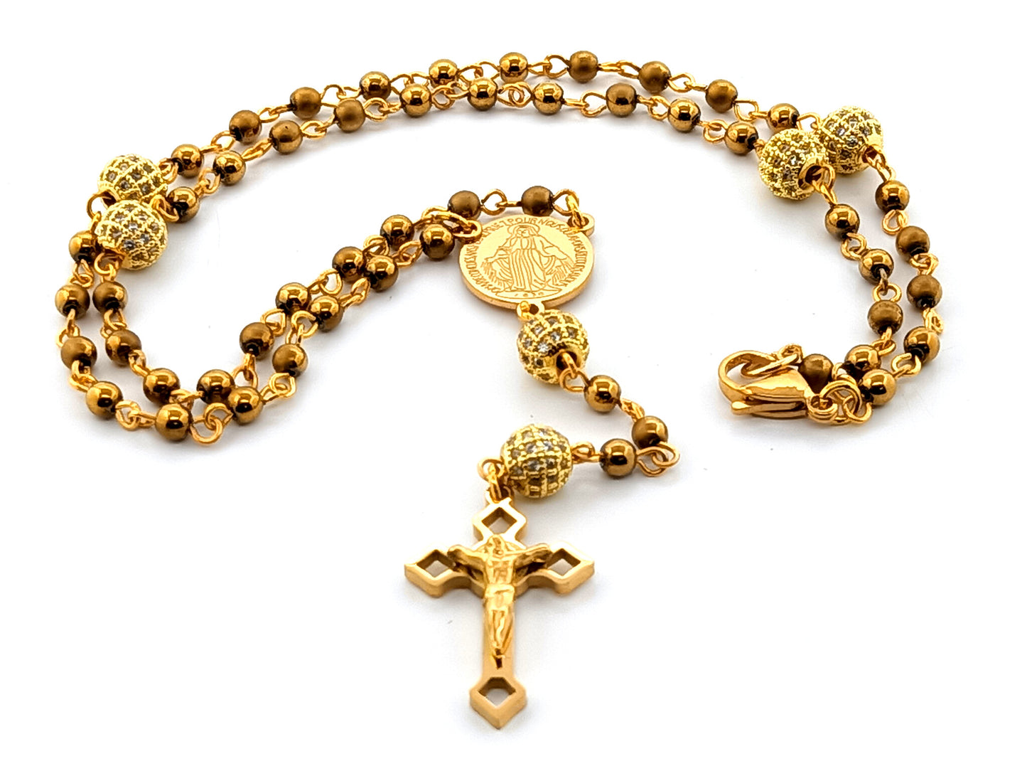 Miraculous medal hematite gemstone unique rosary beads and gold plated miniature wearable rosary beads with crystal Our Father beads and Stainless steel gold Saint Benedict crucifix.