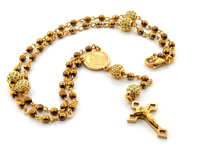 Miraculous medal hematite gemstone unique rosary beads and gold plated miniature wearable rosary beads with crystal Our Father beads and Stainless steel gold Saint Benedict crucifix.