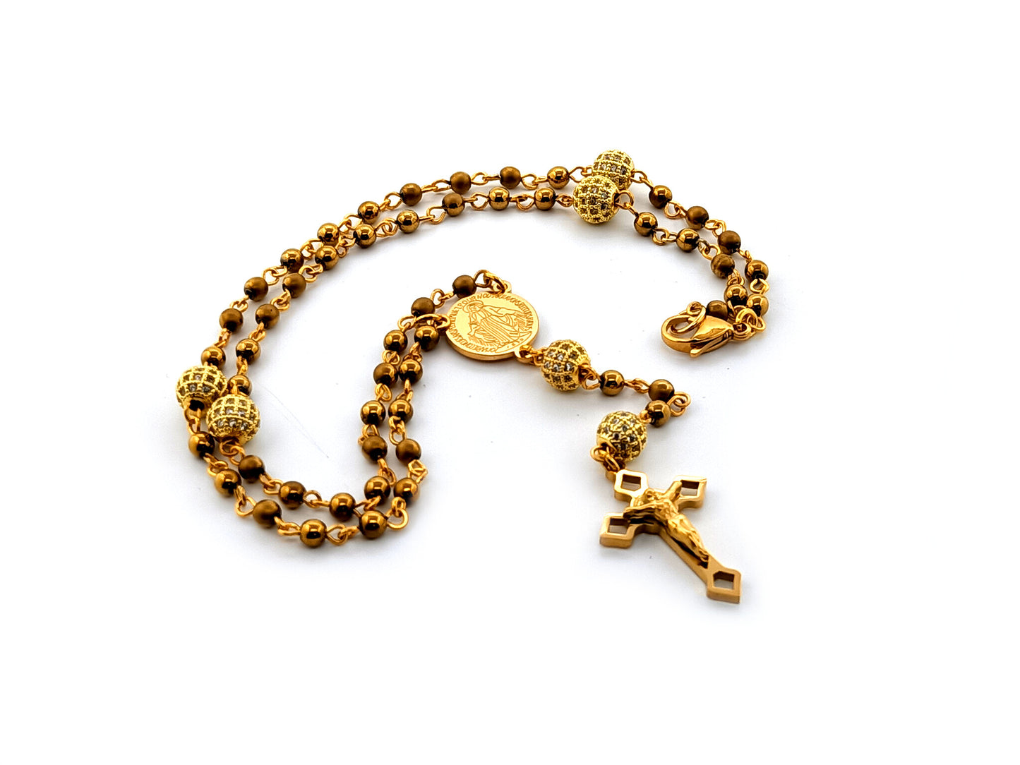 Miraculous medal hematite gemstone unique rosary beads and gold plated miniature wearable rosary beads with crystal Our Father beads and Stainless steel gold Saint Benedict crucifix.