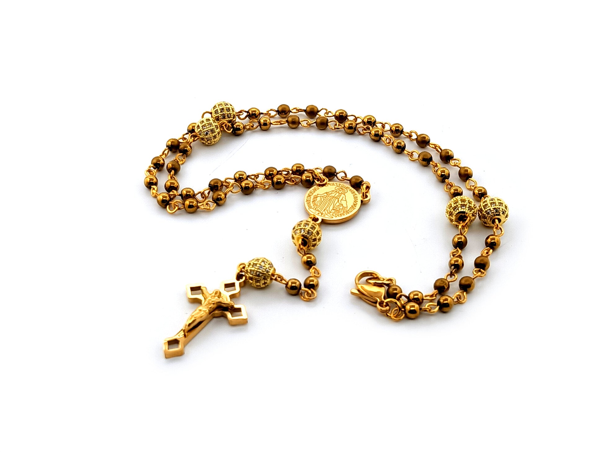 Miraculous medal hematite gemstone unique rosary beads and gold plated miniature wearable rosary beads with crystal Our Father beads and Stainless steel gold Saint Benedict crucifix.