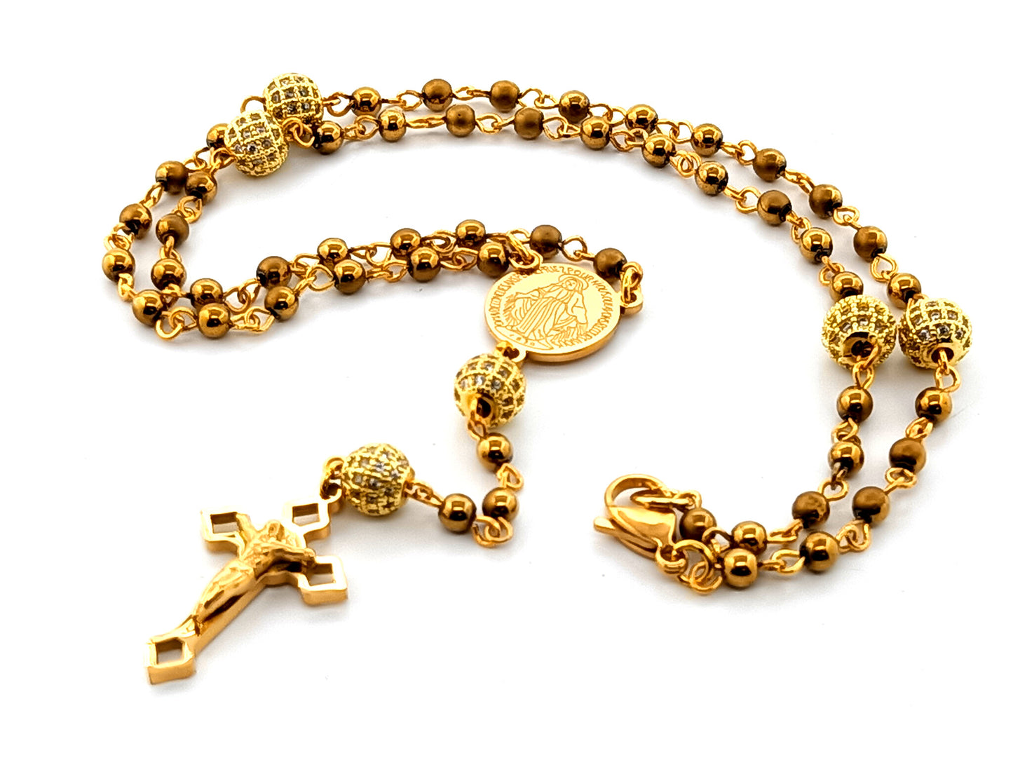 Miraculous medal hematite gemstone unique rosary beads and gold plated miniature wearable rosary beads with crystal Our Father beads and Stainless steel gold Saint Benedict crucifix.