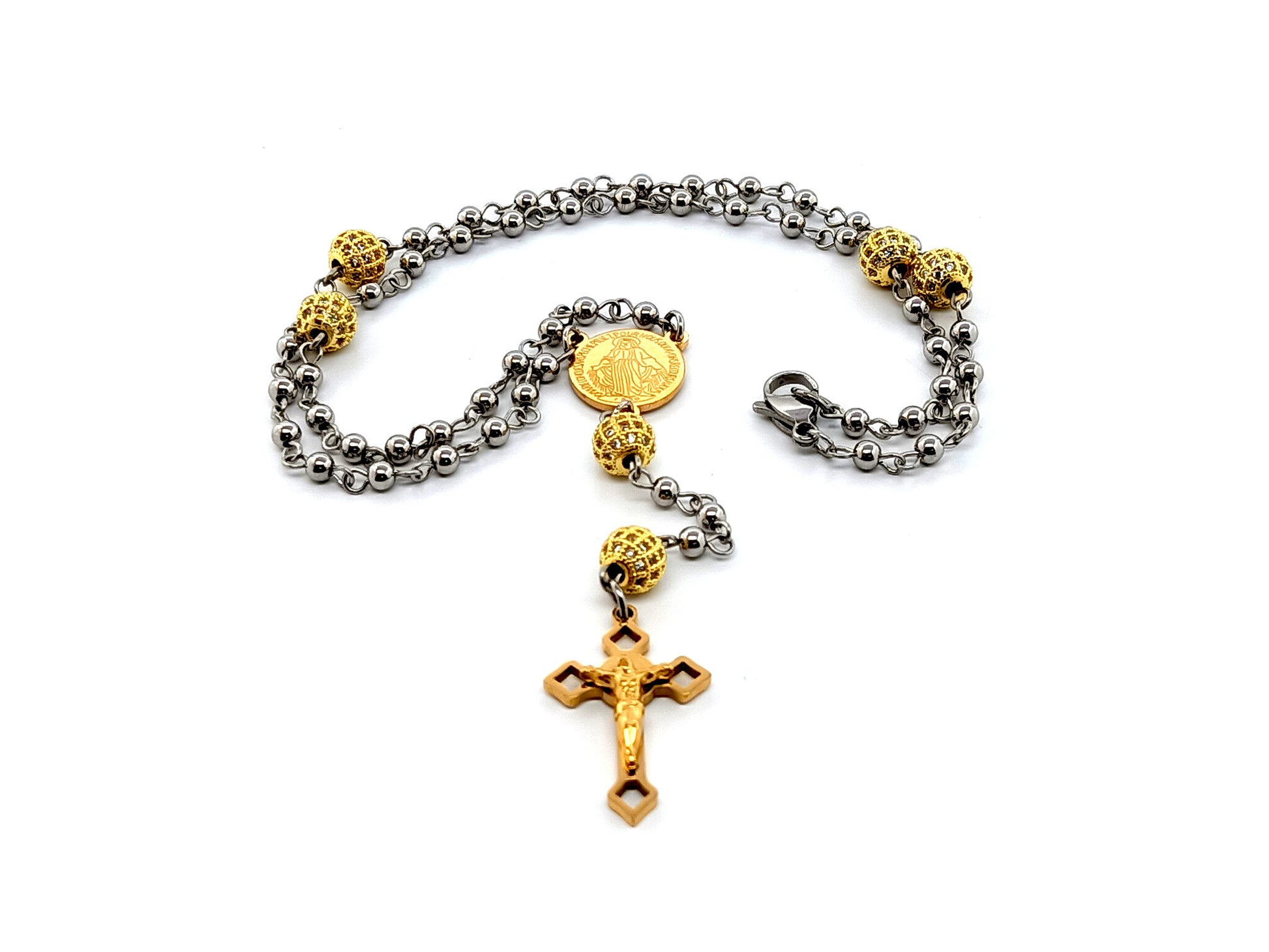 Miraculous medal unique rosary beads stainless steel wearable rosary beads with gold plated crystal Our Father beads and Saint Benedict crucifix