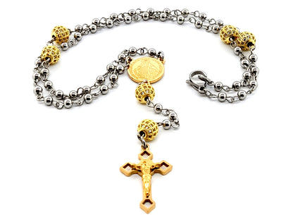 Miraculous medal unique rosary beads stainless steel wearable rosary beads with gold plated crystal Our Father beads and Saint Benedict crucifix