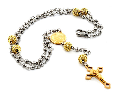 Miraculous medal unique rosary beads stainless steel wearable rosary beads with gold plated crystal Our Father beads and Saint Benedict crucifix