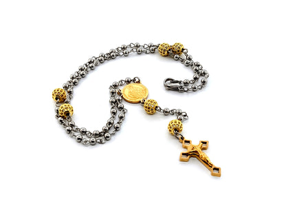 Miraculous medal unique rosary beads stainless steel wearable rosary beads with gold plated crystal Our Father beads and Saint Benedict crucifix