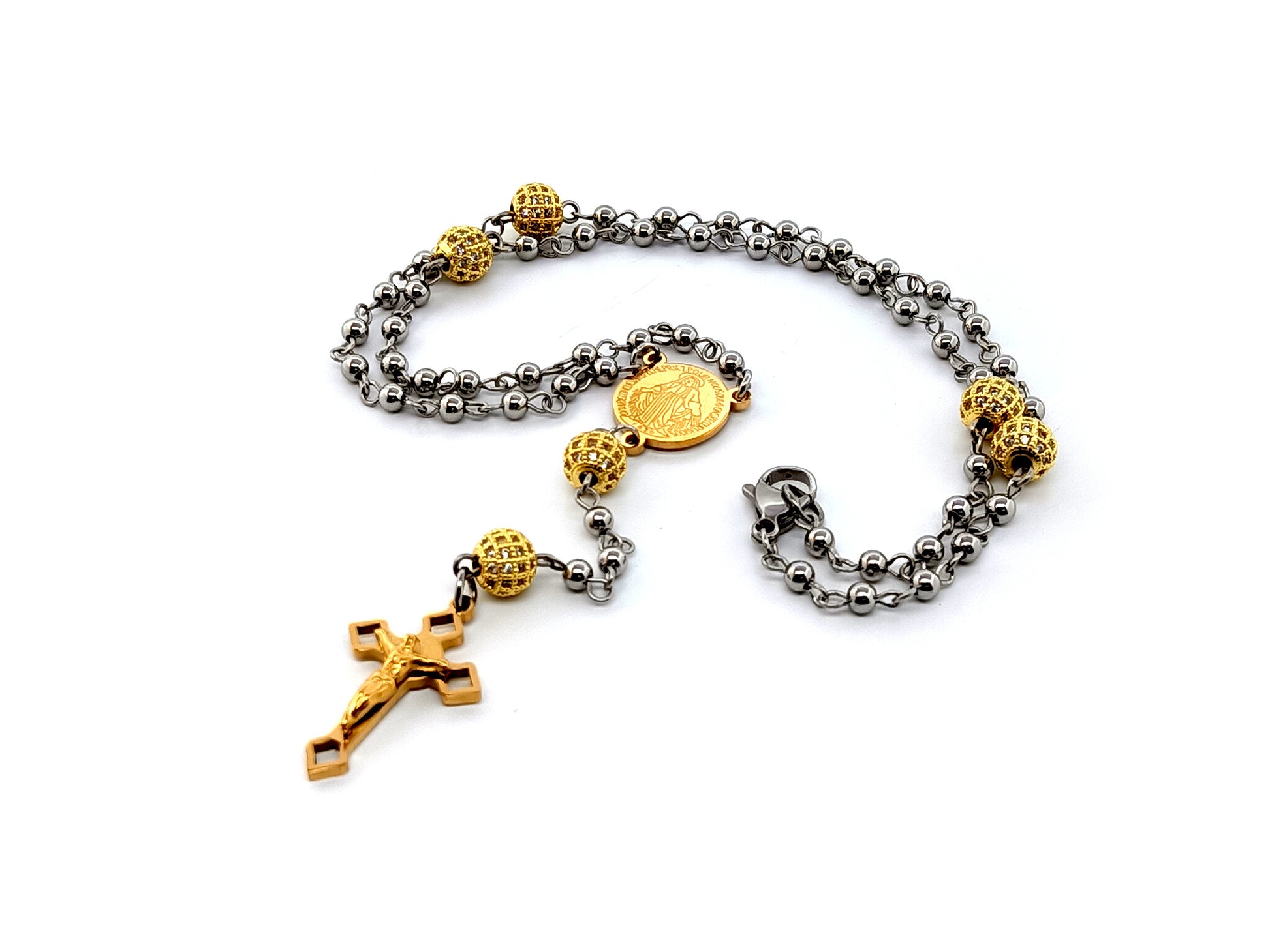 Miraculous medal unique rosary beads stainless steel wearable rosary beads with gold plated crystal Our Father beads and Saint Benedict crucifix