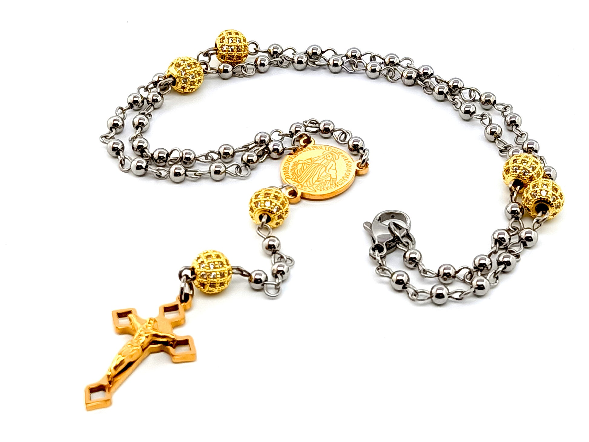 Miraculous medal unique rosary beads stainless steel wearable rosary beads with gold plated crystal Our Father beads and Saint Benedict crucifix