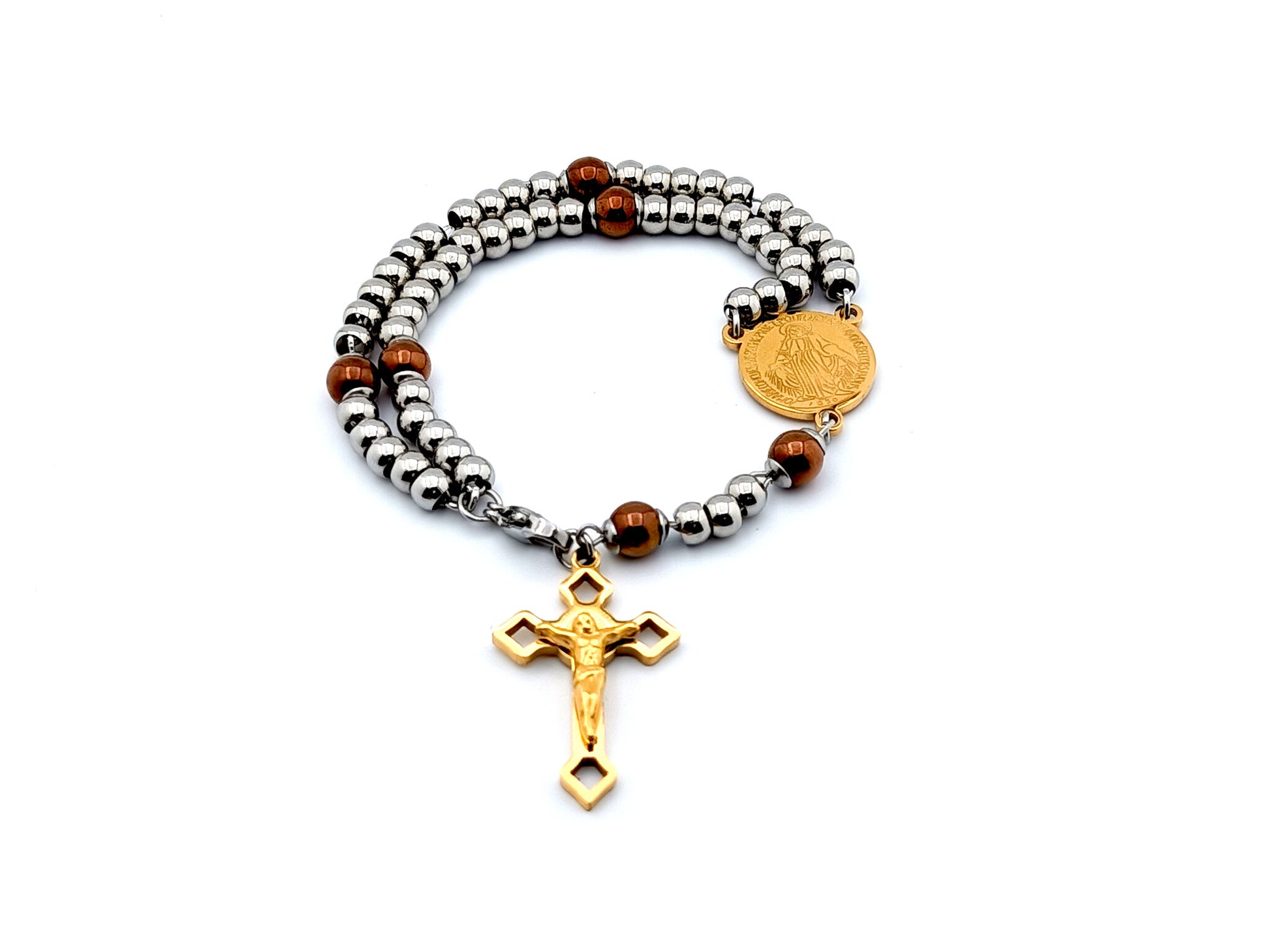 Miraculous medal stainless steel and gemstone wearable 5 decade rosary bracelet with stainless steel beads and Saint Benedict crucifix.