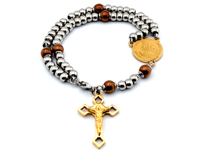 Miraculous medal stainless steel and gemstone wearable 5 decade rosary bracelet with stainless steel beads and Saint Benedict crucifix.