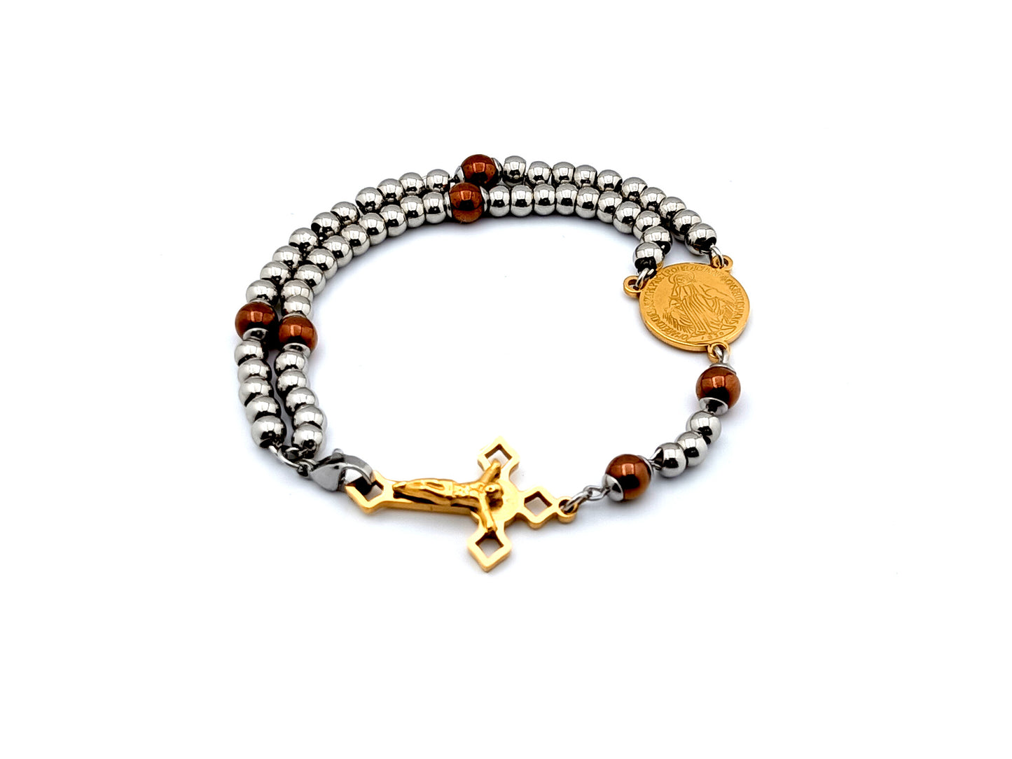 Miraculous medal stainless steel and gemstone wearable 5 decade rosary bracelet with stainless steel beads and Saint Benedict crucifix.