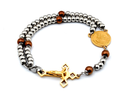 Miraculous medal stainless steel and gemstone wearable 5 decade rosary bracelet with stainless steel beads and Saint Benedict crucifix.