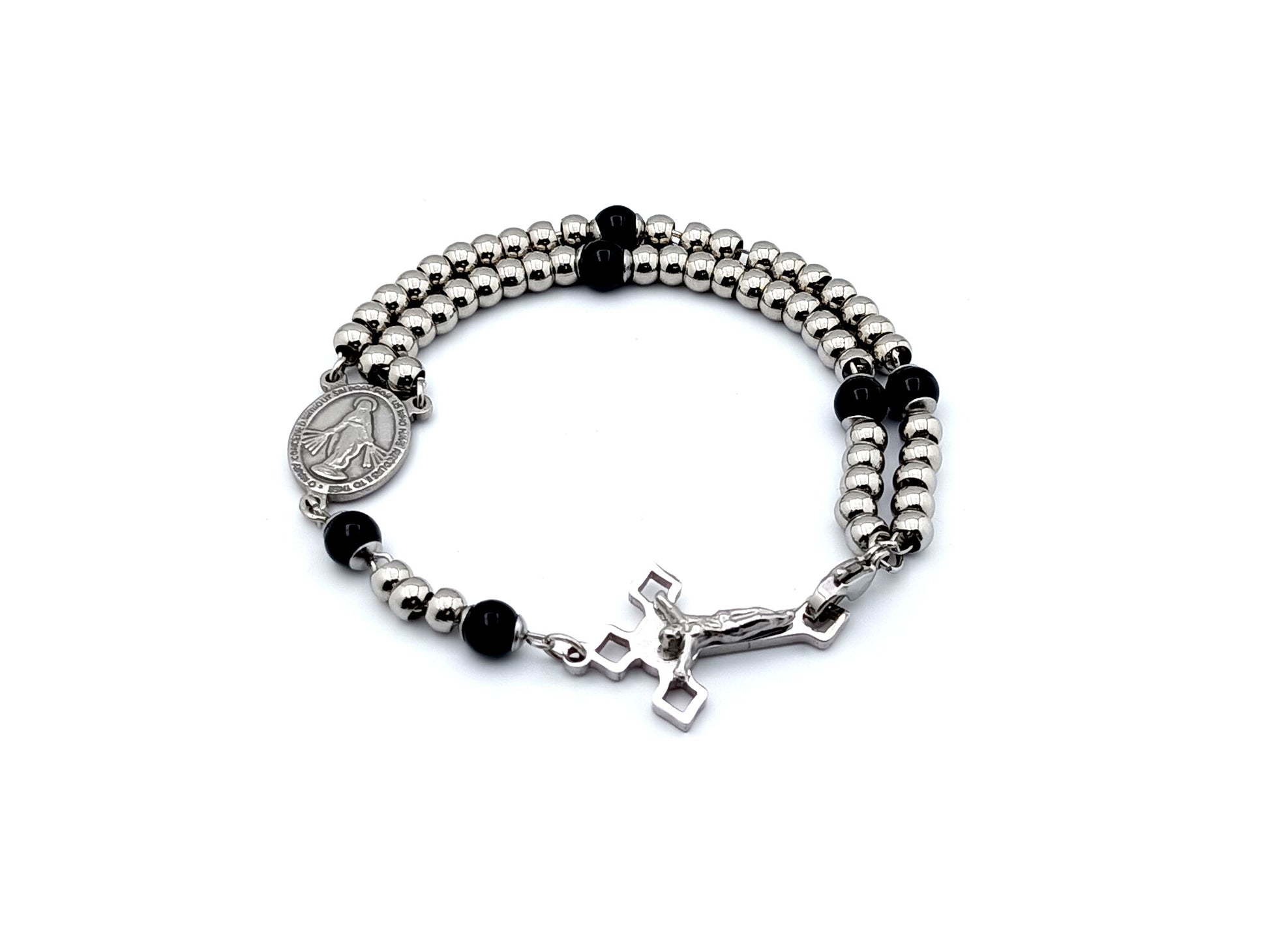 Miraculous medal stainless steel and onyx gemstone unique rosary beads wearable 5 decade rosary bracelet with stainless steel beads and Saint Benedict crucifix. 