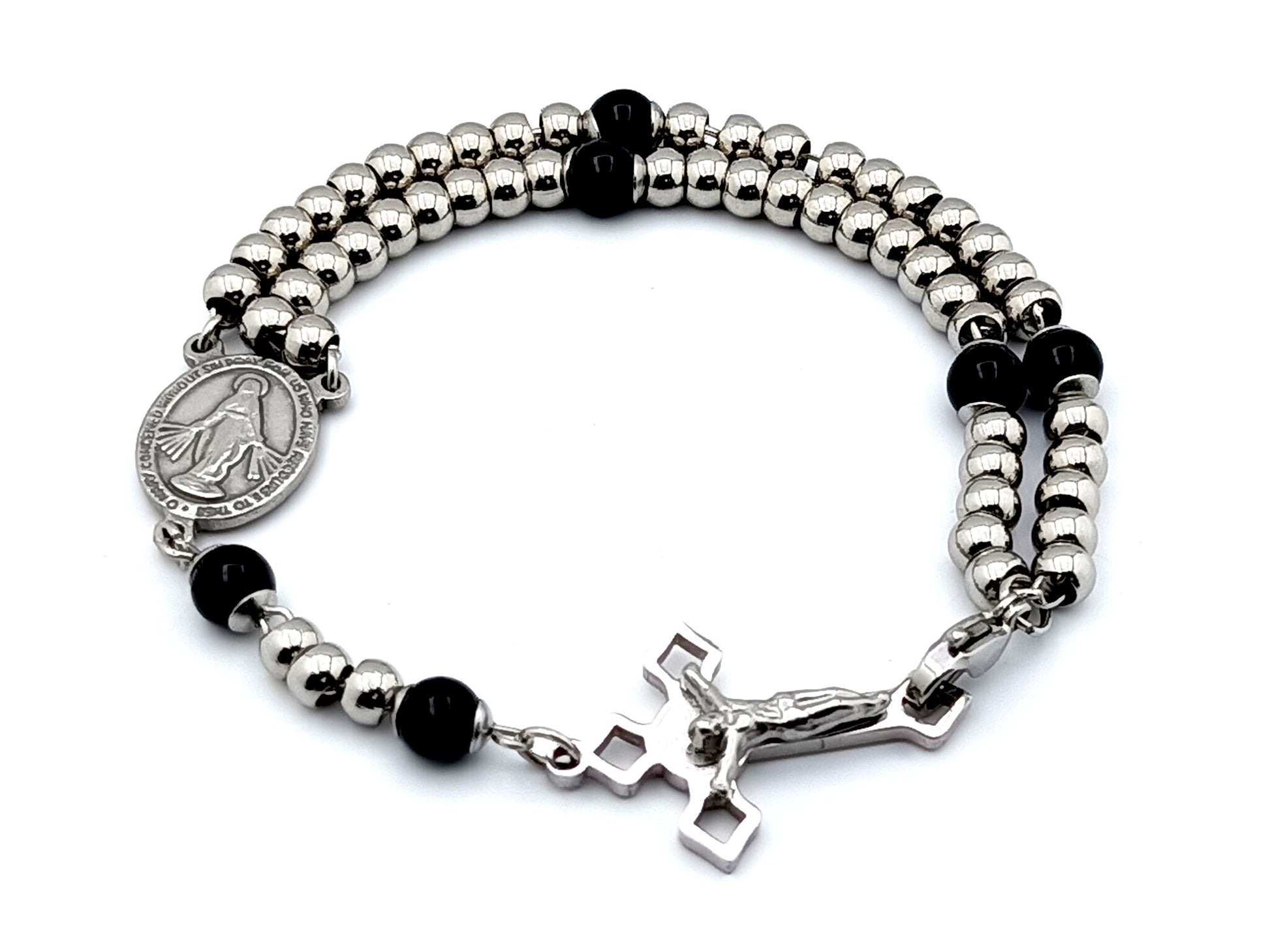 Miraculous medal stainless steel and onyx gemstone unique rosary beads wearable 5 decade rosary bracelet with stainless steel beads and Saint Benedict crucifix. 