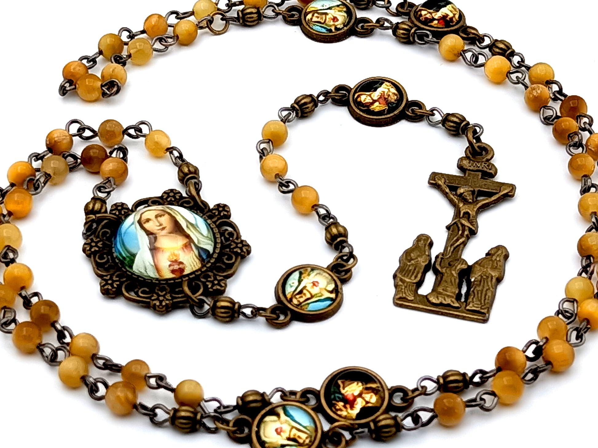 Vintage style Immaculate Heart of Mary unique rosary beads  miniature tigers eye gemstone rosary beads with brass crucifix and Our Lady of Perpetual Help medals.