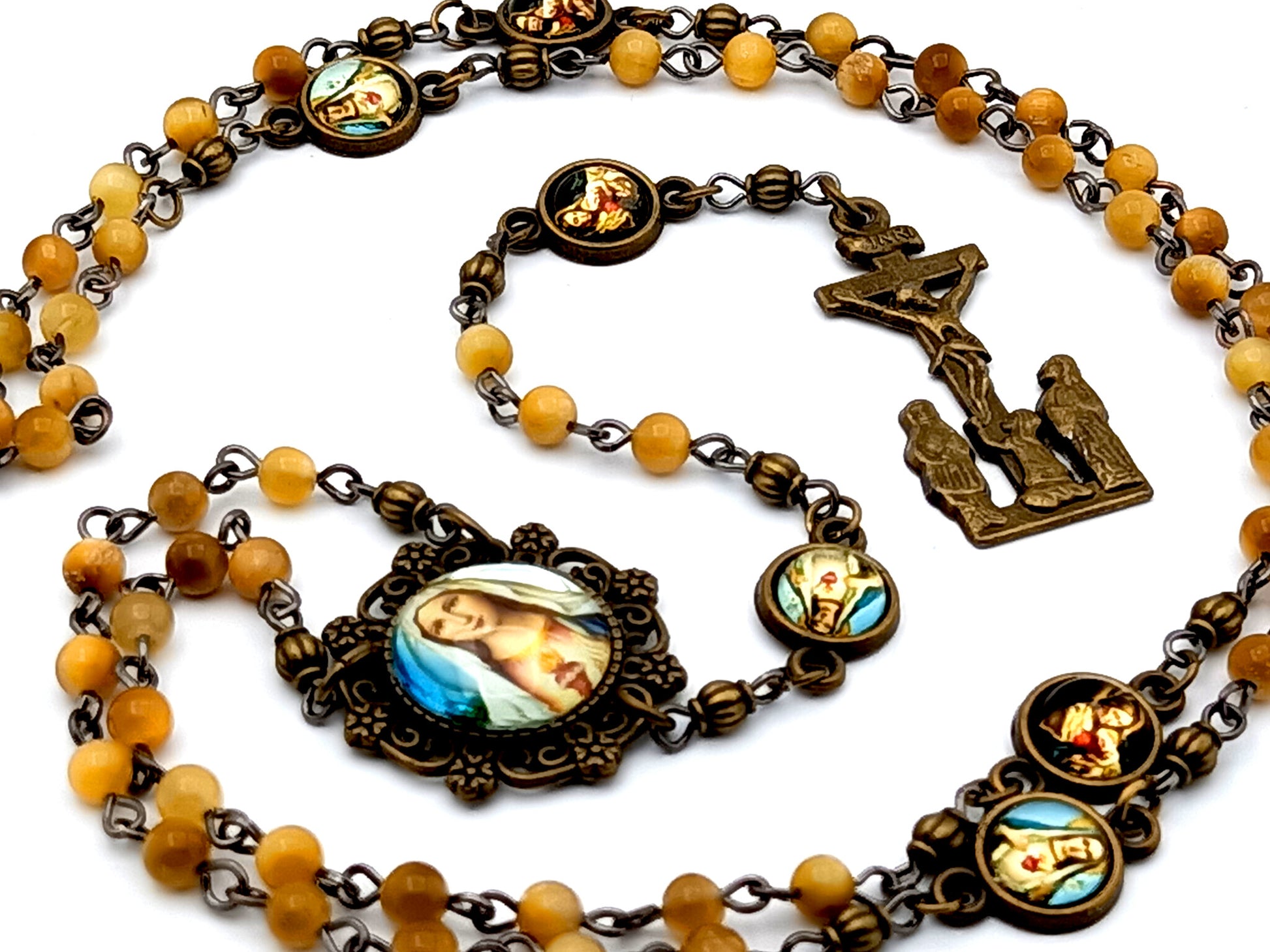 Vintage style Immaculate Heart of Mary unique rosary beads  miniature tigers eye gemstone rosary beads with brass crucifix and Our Lady of Perpetual Help medals.