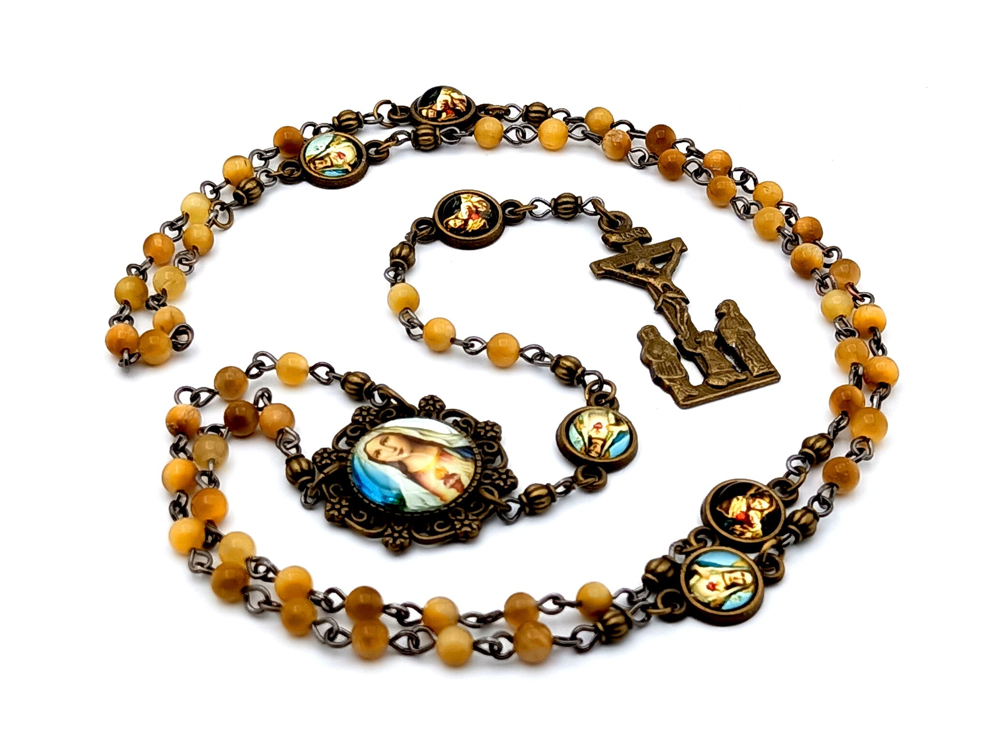 Vintage style Immaculate Heart of Mary unique rosary beads  miniature tigers eye gemstone rosary beads with brass crucifix and Our Lady of Perpetual Help medals.