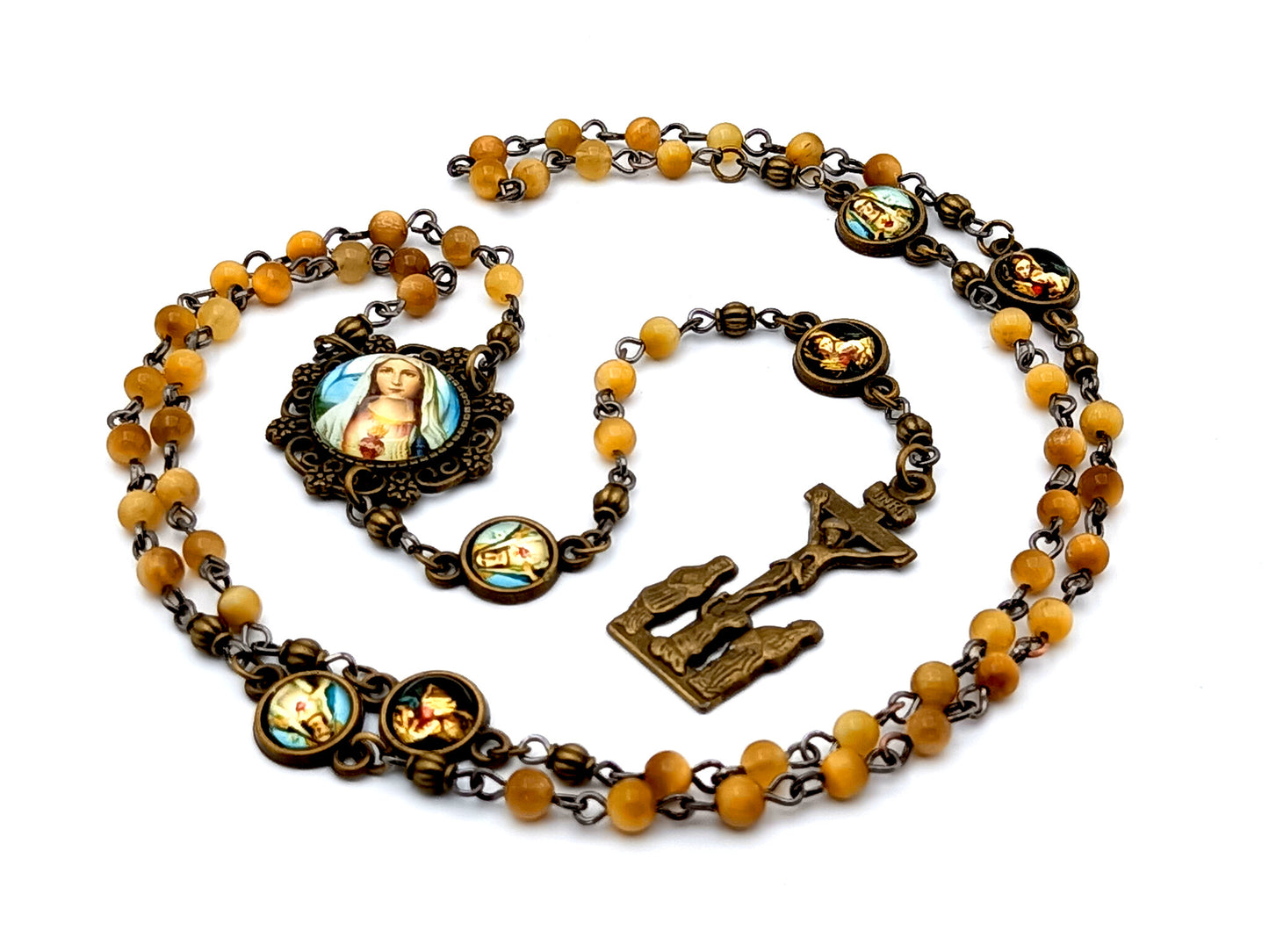 Vintage style Immaculate Heart of Mary unique rosary beads  miniature tigers eye gemstone rosary beads with brass crucifix and Our Lady of Perpetual Help medals.