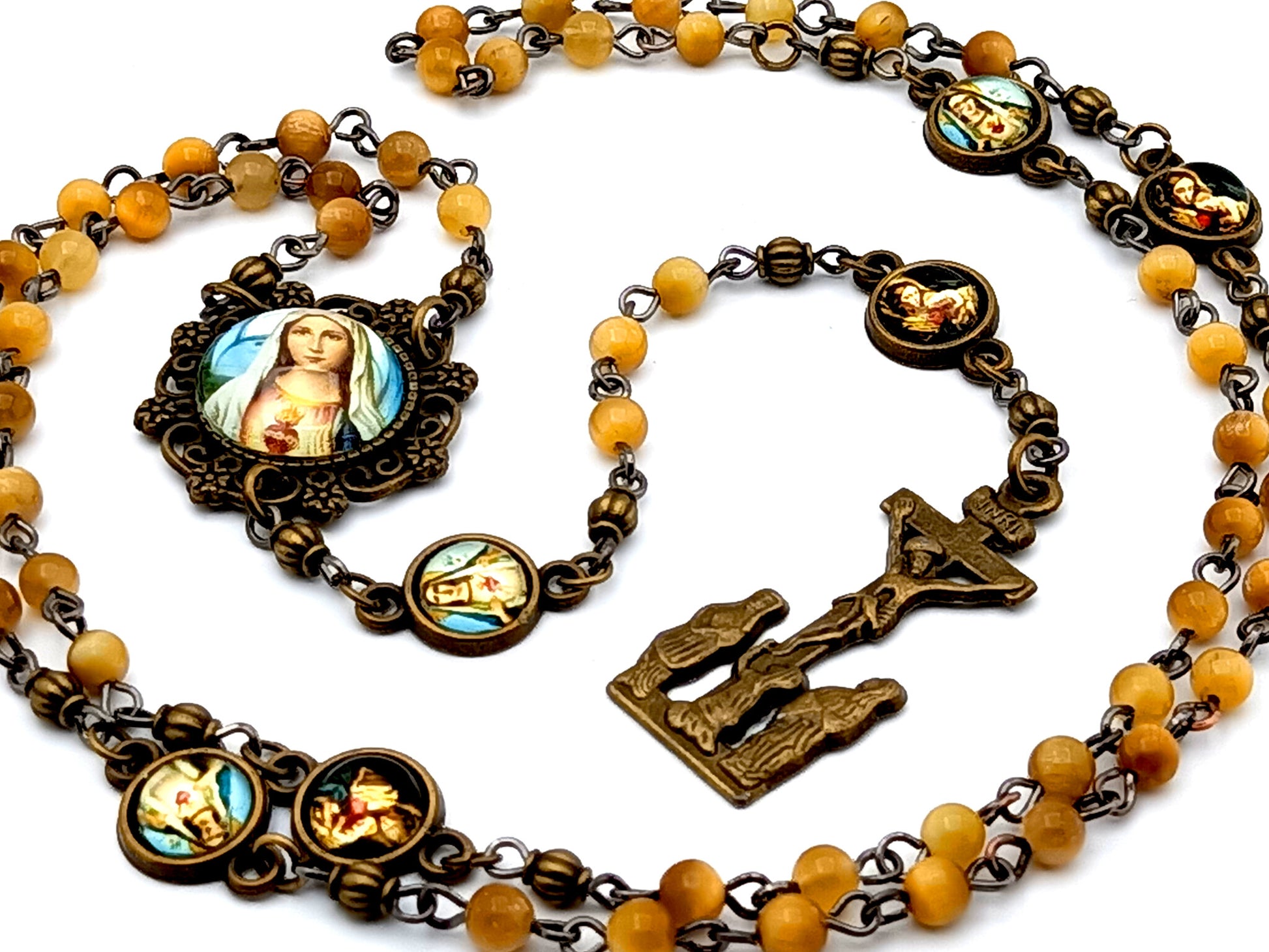 Vintage style Immaculate Heart of Mary unique rosary beads  miniature tigers eye gemstone rosary beads with brass crucifix and Our Lady of Perpetual Help medals.