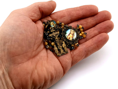 Vintage style Immaculate Heart of Mary unique rosary beads  miniature tigers eye gemstone rosary beads with brass crucifix and Our Lady of Perpetual Help medals.