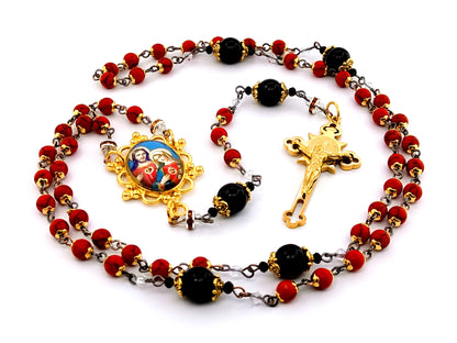 Two Hearts of Jesus and Mary unique rosary beads gemstone rosary beads with onyx Our Father beads and gold plated stainless steel crucifix.