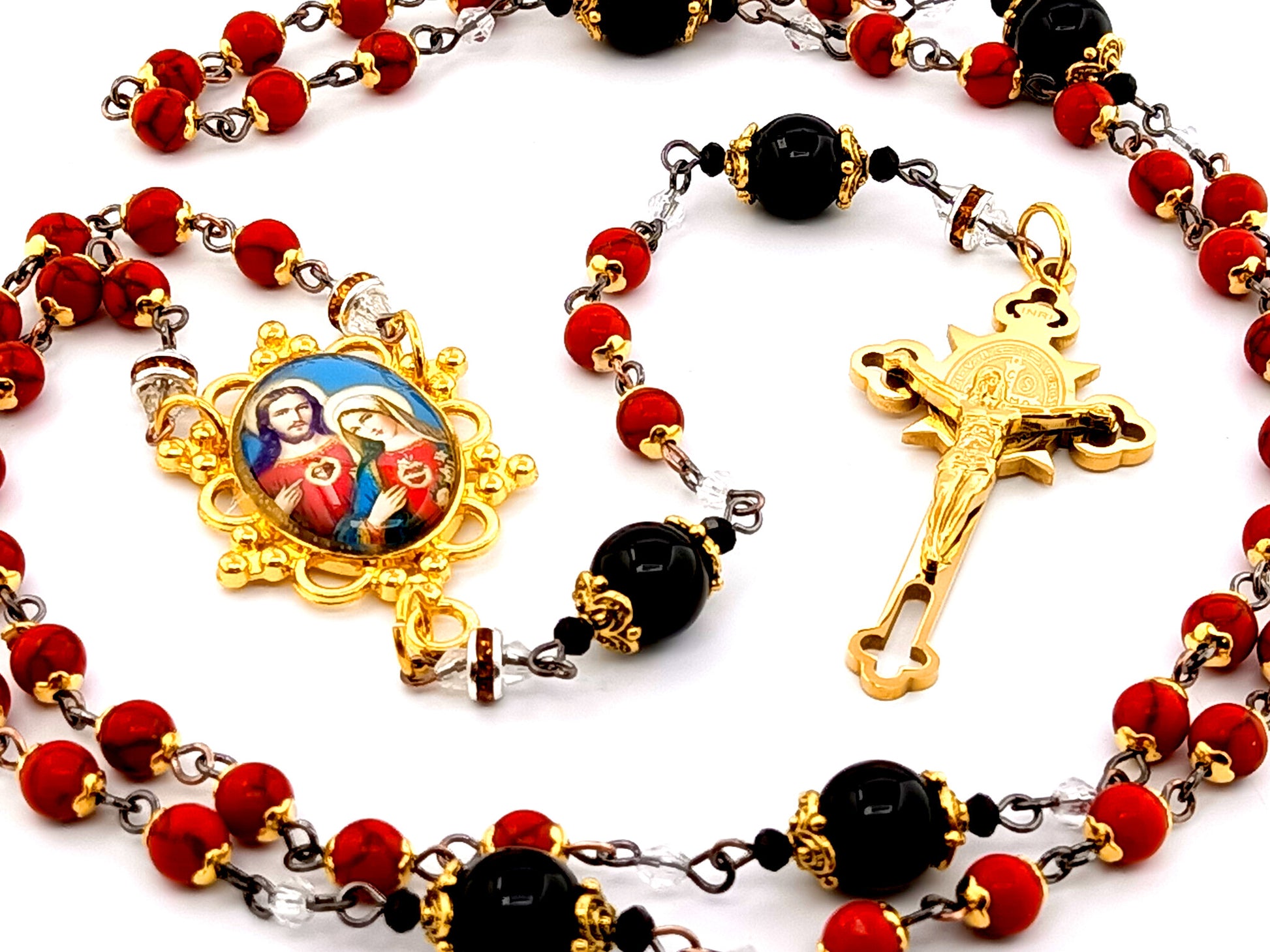 Two Hearts of Jesus and Mary unique rosary beads gemstone rosary beads with onyx Our Father beads and gold plated stainless steel crucifix.