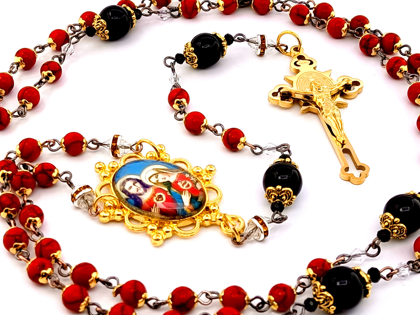 Two Hearts of Jesus and Mary unique rosary beads gemstone rosary beads with onyx Our Father beads and gold plated stainless steel crucifix.