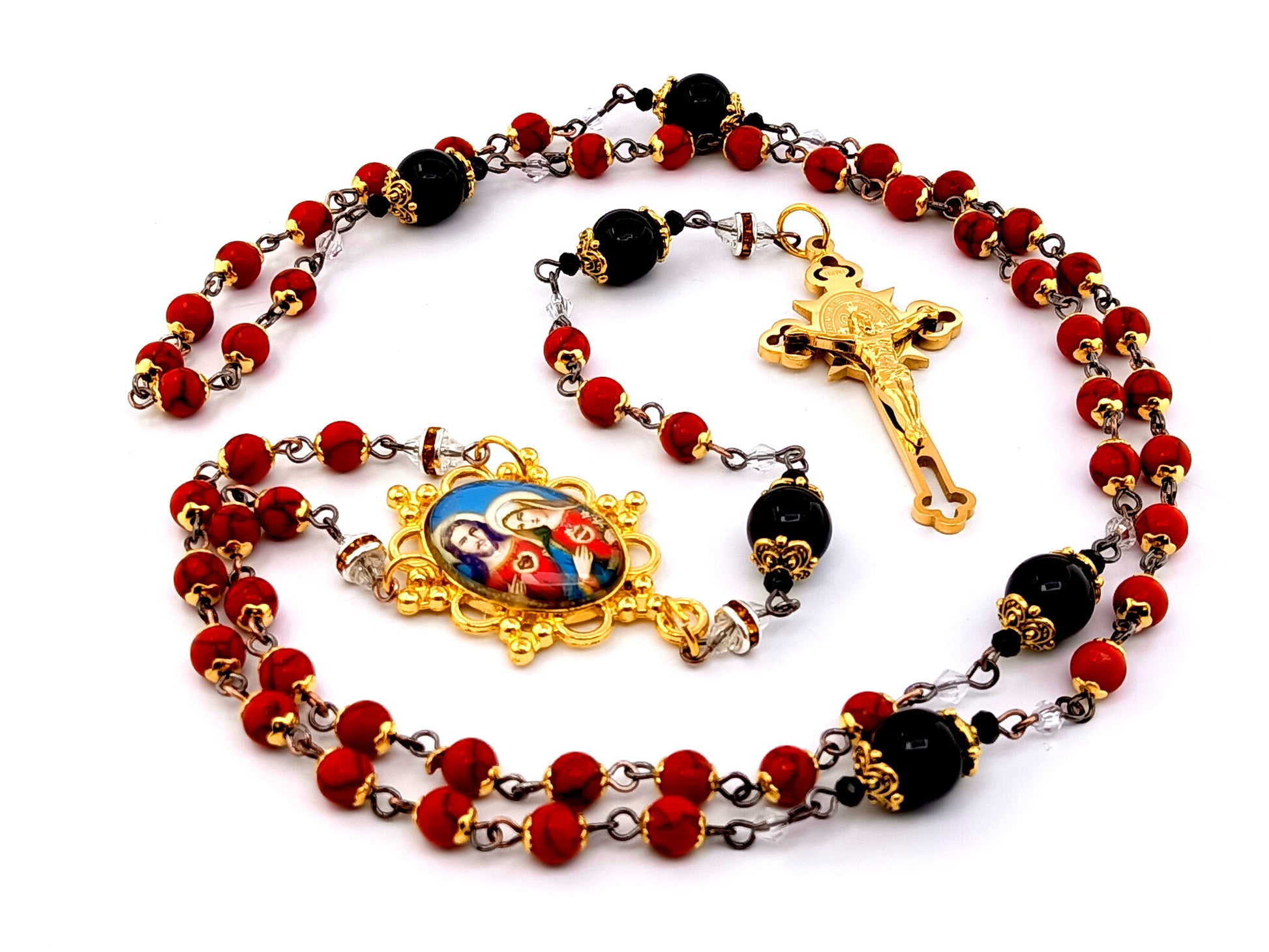 Two Hearts of Jesus and Mary unique rosary beads gemstone rosary beads with onyx Our Father beads and gold plated stainless steel crucifix.