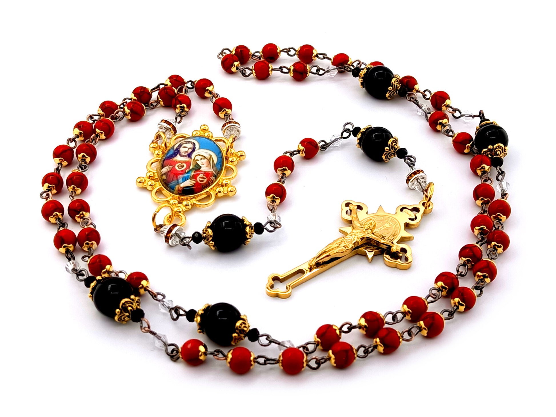 Two Hearts of Jesus and Mary unique rosary beads gemstone rosary beads with onyx Our Father beads and gold plated stainless steel crucifix.