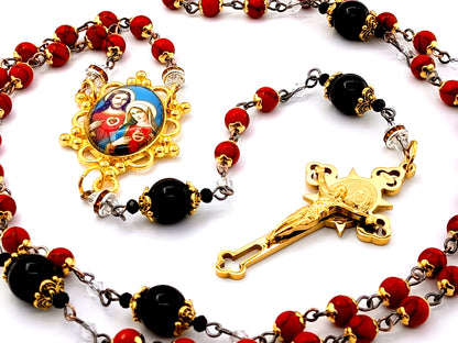 Two Hearts of Jesus and Mary unique rosary beads gemstone rosary beads with onyx Our Father beads and gold plated stainless steel crucifix.