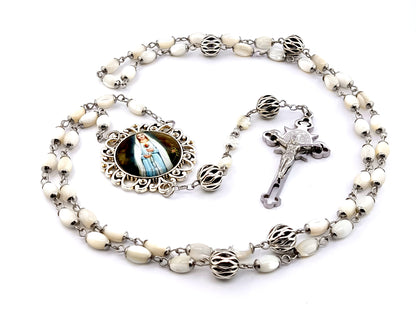 Virgin Mary Rosa Mystica unique rosary beads mother of pearl rosary beads with lattice Our father beads and stainless steel Saint Benedict crucifix.