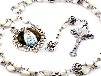 Virgin Mary Rosa Mystica unique rosary beads mother of pearl rosary beads with lattice Our father beads and stainless steel Saint Benedict crucifix.