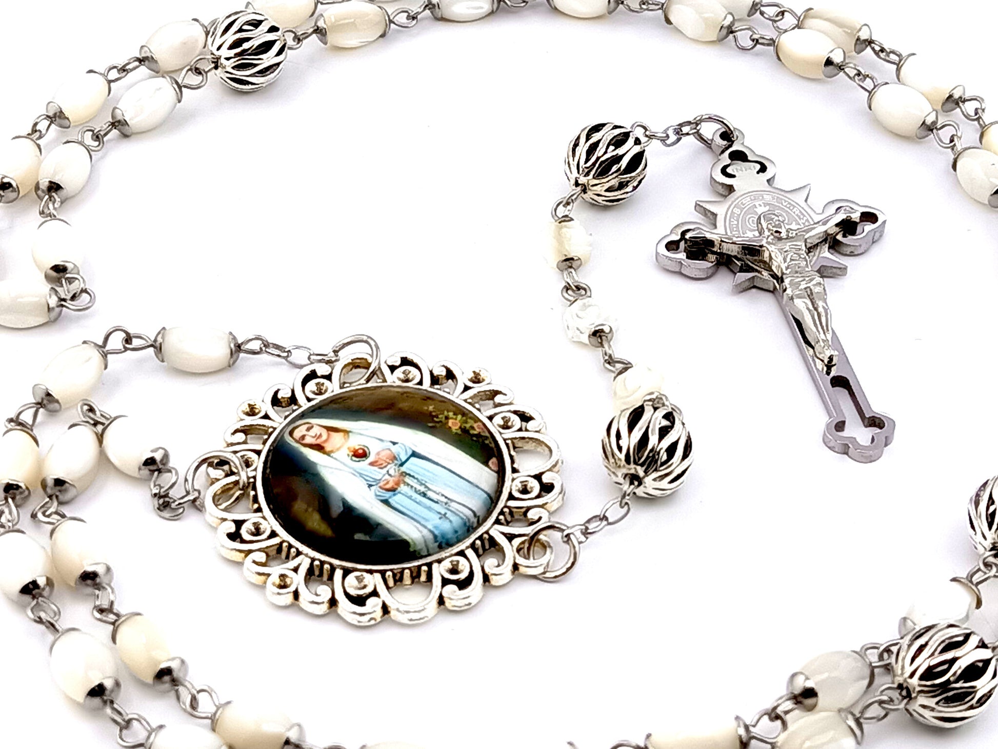 Virgin Mary Rosa Mystica unique rosary beads mother of pearl rosary beads with lattice Our father beads and stainless steel Saint Benedict crucifix.