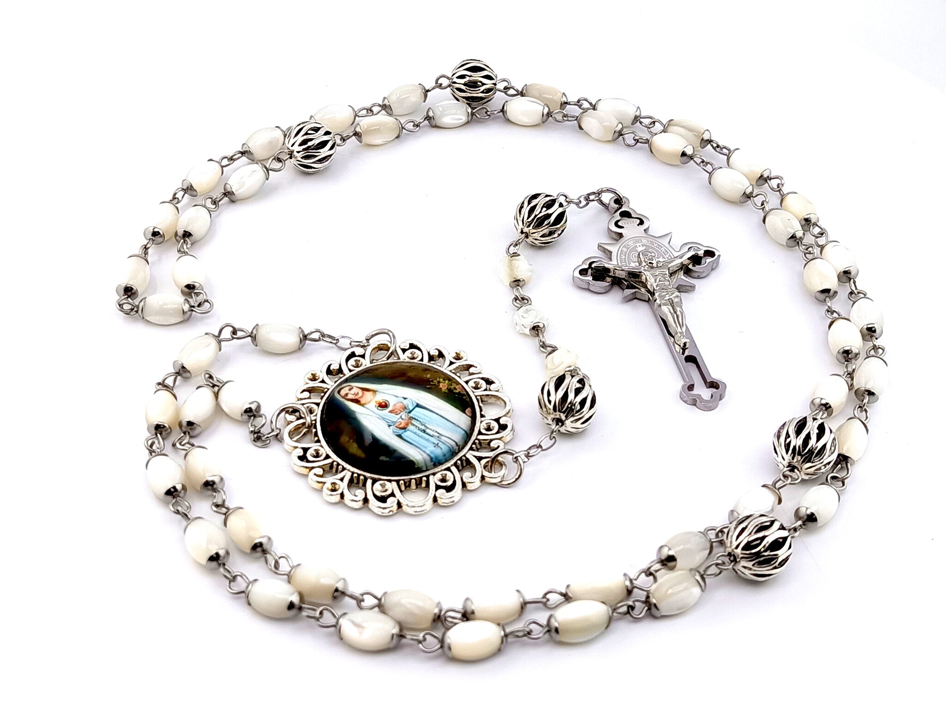 Virgin Mary Rosa Mystica unique rosary beads mother of pearl rosary beads with lattice Our father beads and stainless steel Saint Benedict crucifix.