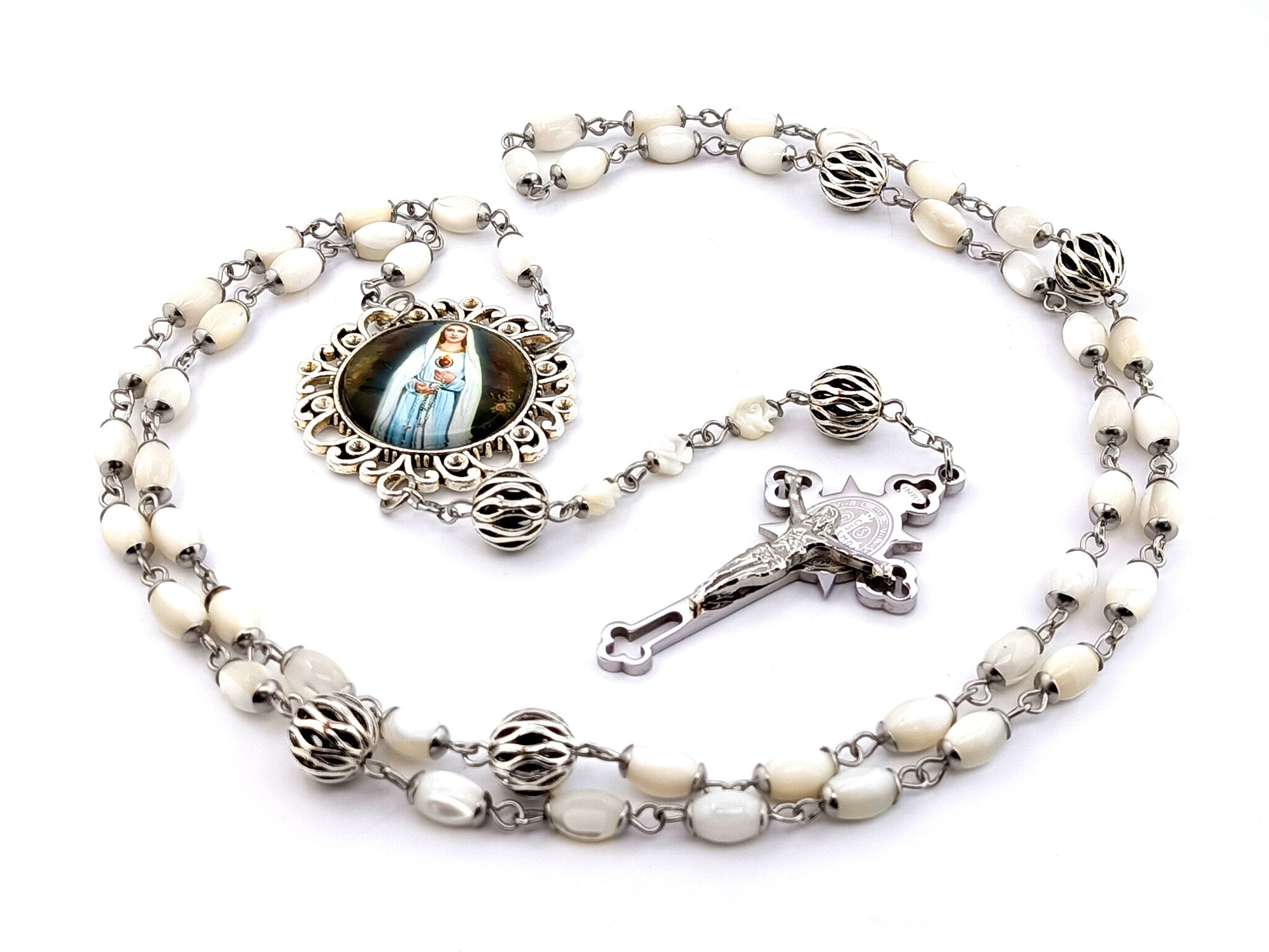 Virgin Mary Rosa Mystica unique rosary beads mother of pearl rosary beads with lattice Our father beads and stainless steel Saint Benedict crucifix.