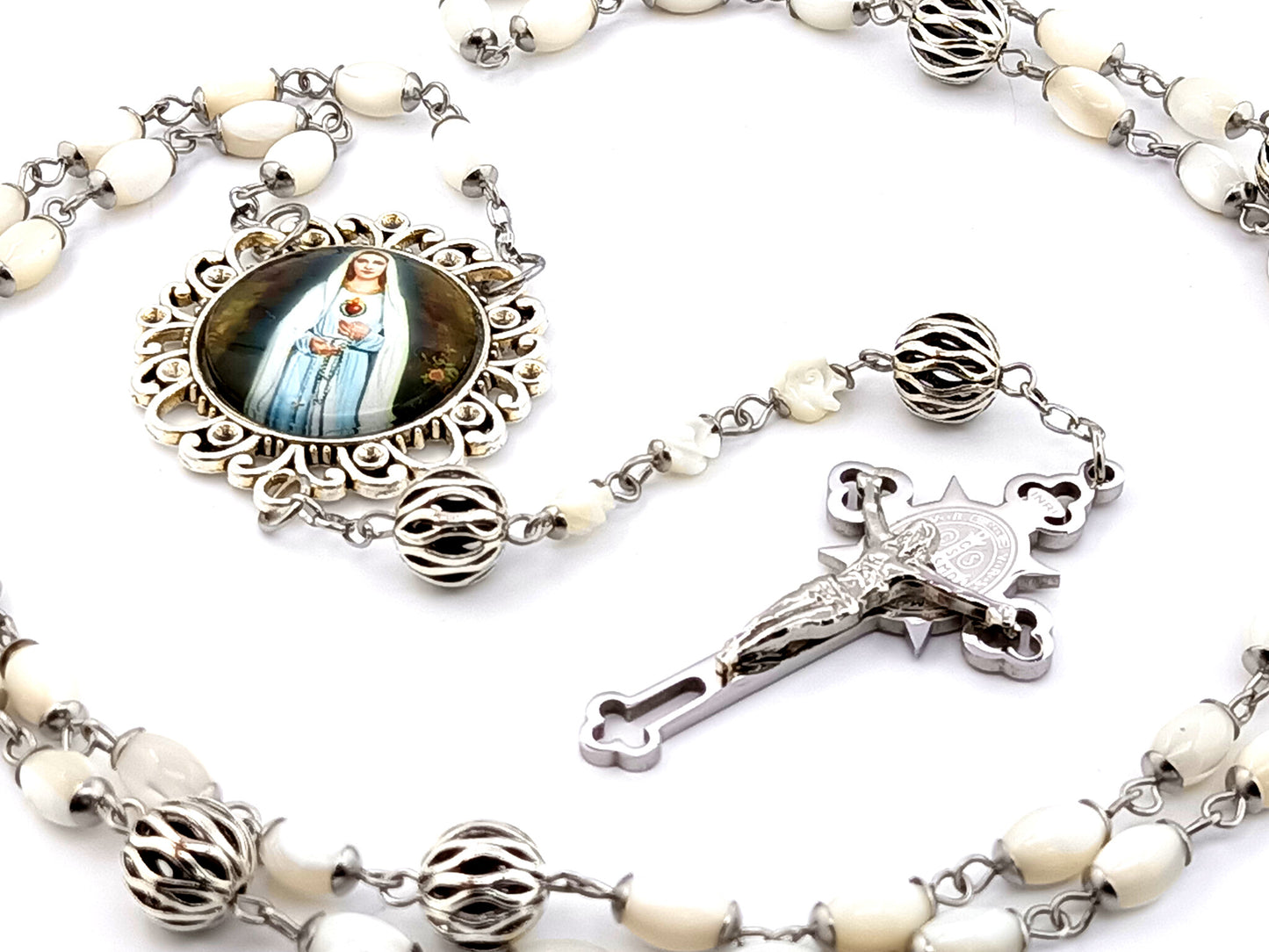 Virgin Mary Rosa Mystica unique rosary beads mother of pearl rosary beads with lattice Our father beads and stainless steel Saint Benedict crucifix.