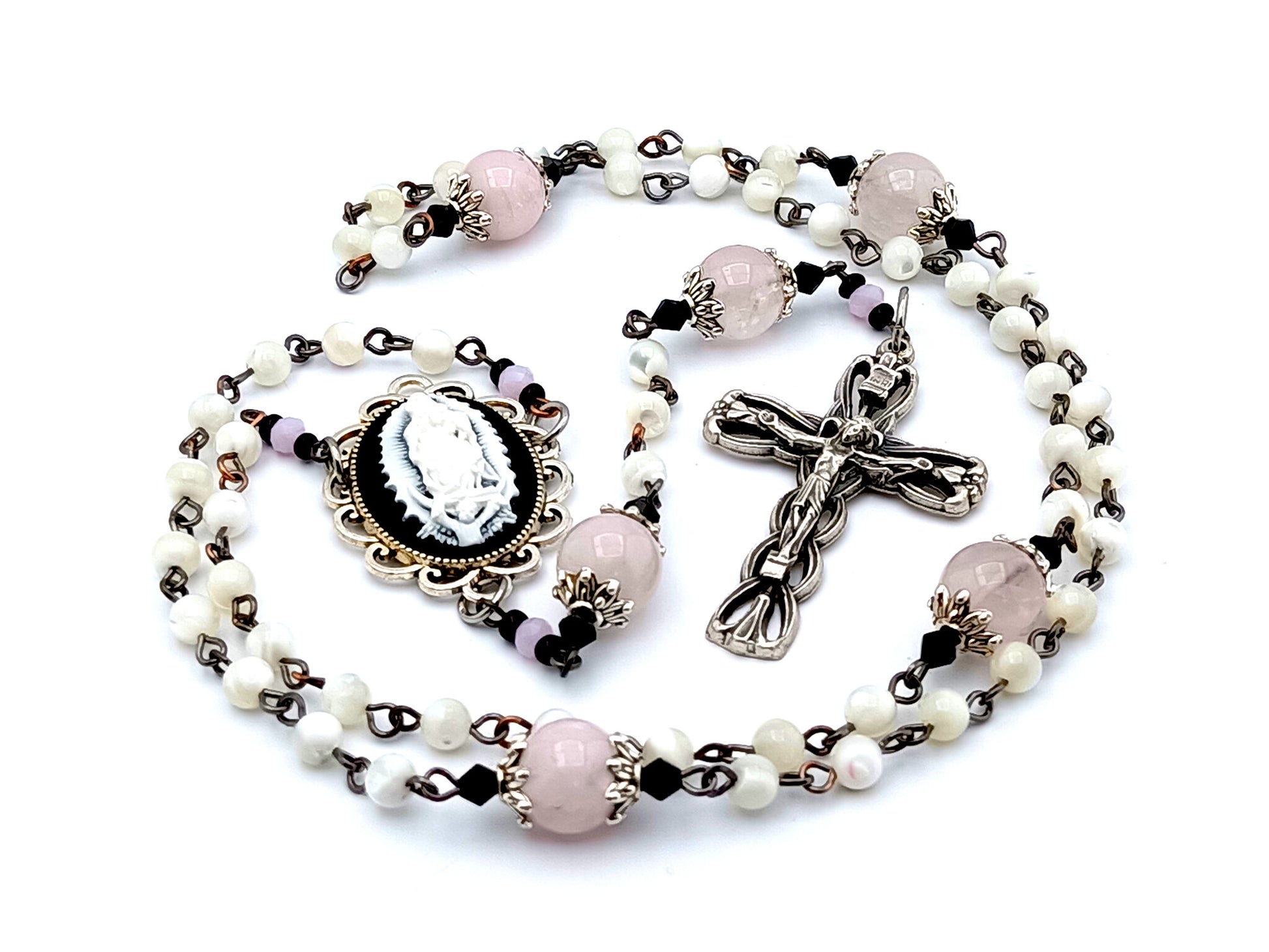 Our Lady of Guadalupe unique rosary beads cameo mother of pearl and rose quartz gemstone rosary beads with ribbon design crucifix.