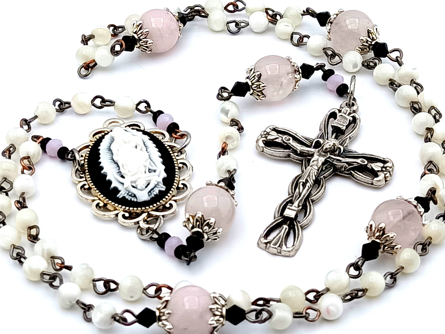 Our Lady of Guadalupe unique rosary beads cameo mother of pearl and rose quartz gemstone rosary beads with ribbon design crucifix.