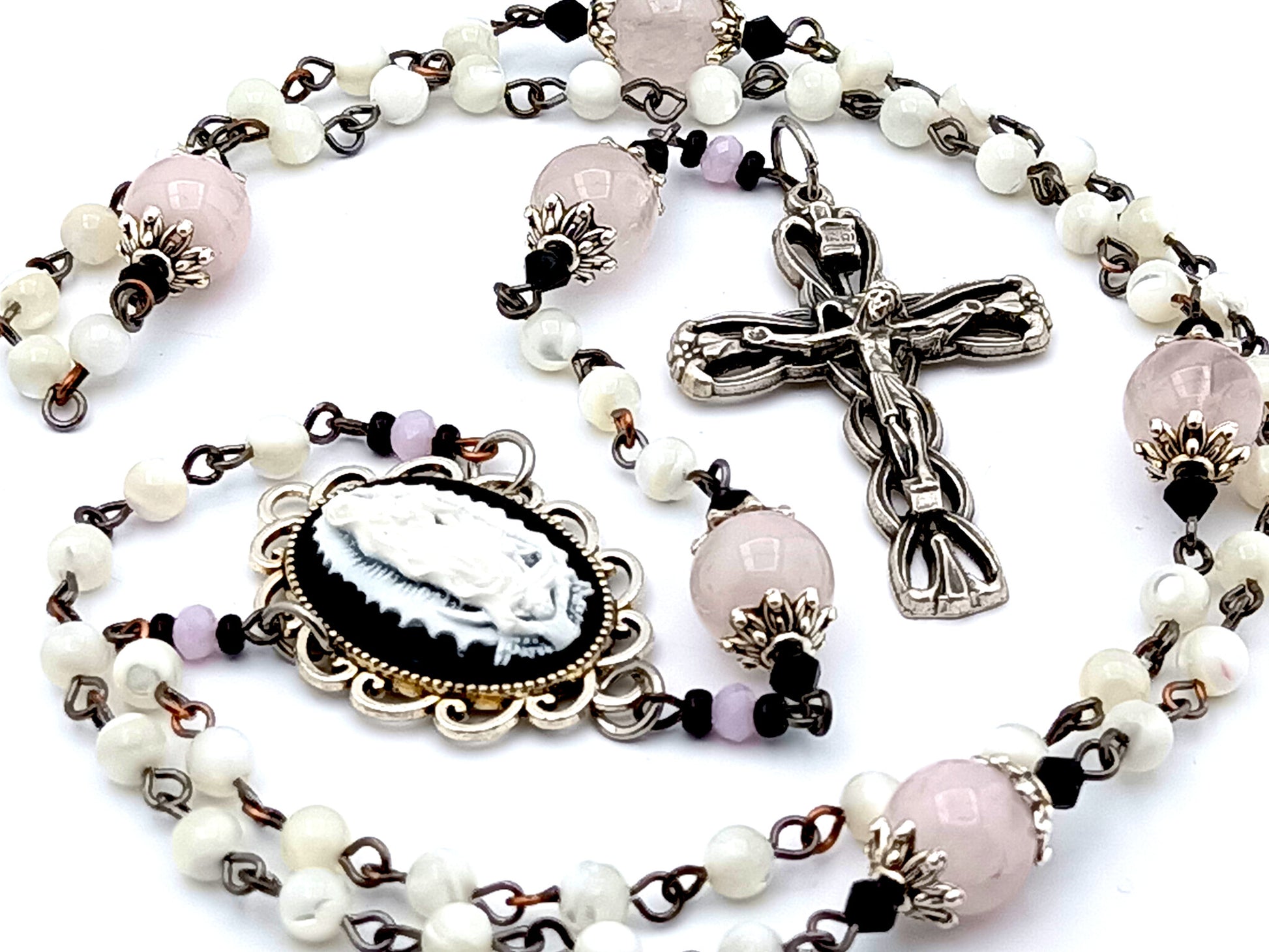 Our Lady of Guadalupe unique rosary beads cameo mother of pearl and rose quartz gemstone rosary beads with ribbon design crucifix.