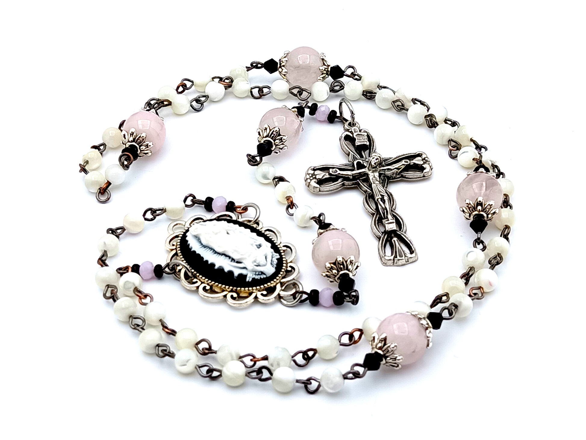 Our Lady of Guadalupe unique rosary beads cameo mother of pearl and rose quartz gemstone rosary beads with ribbon design crucifix.