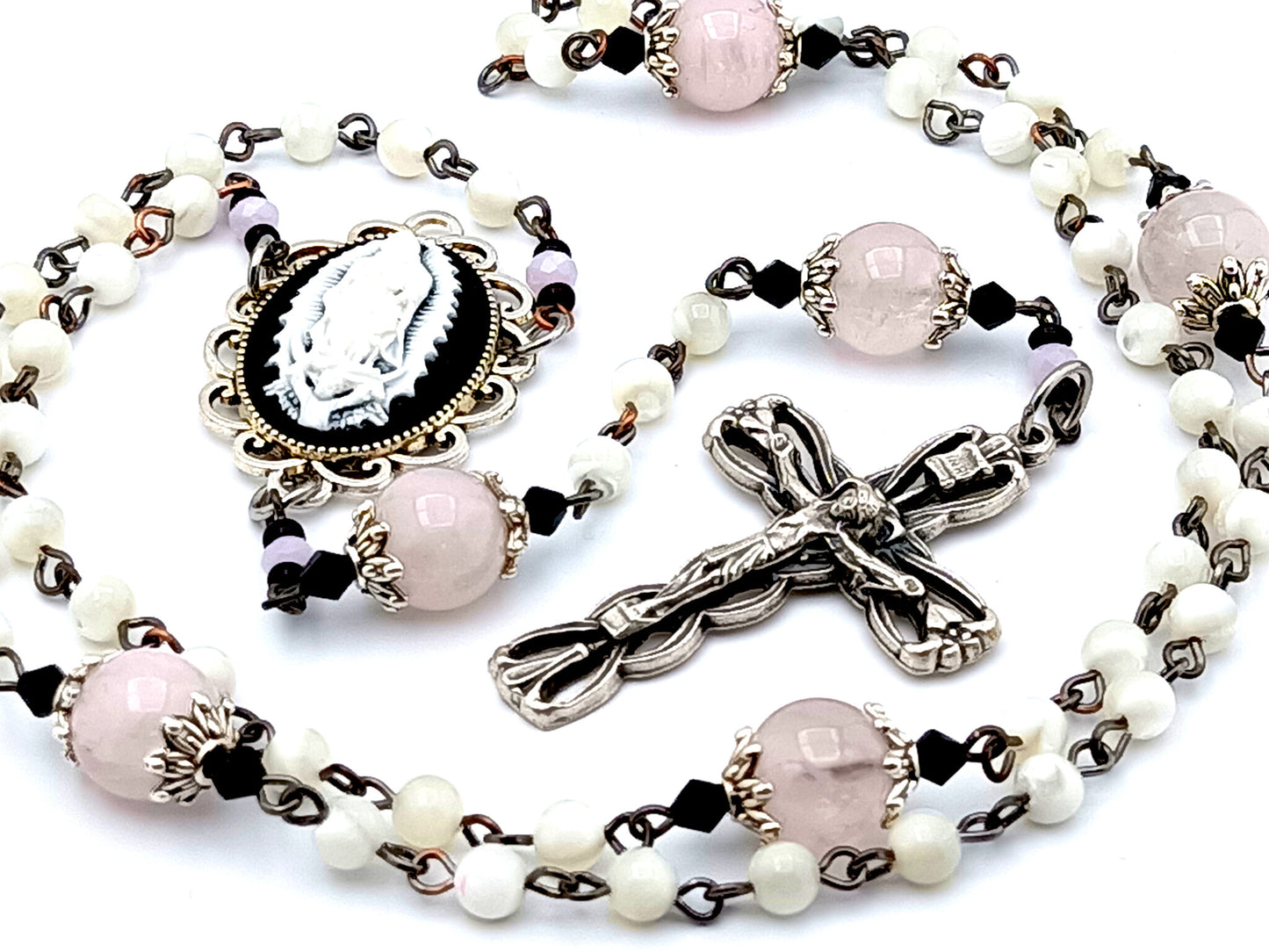 Our Lady of Guadalupe unique rosary beads cameo mother of pearl and rose quartz gemstone rosary beads with ribbon design crucifix.