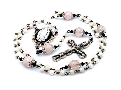 Our Lady of Guadalupe unique rosary beads cameo mother of pearl and rose quartz gemstone rosary beads with ribbon design crucifix.