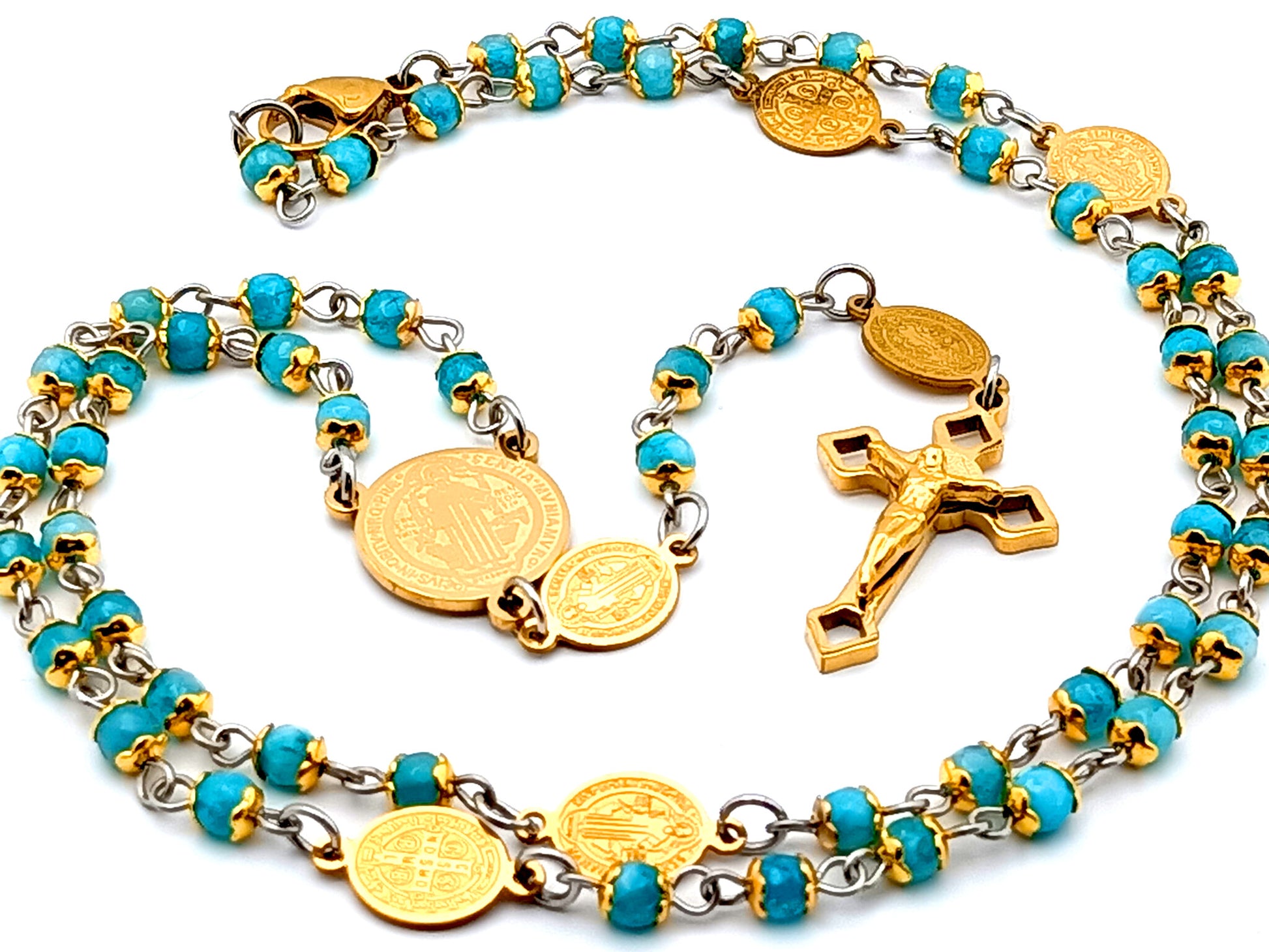 Saint Benedict faceted agate gemstone wearable unique rosary beads with Saint Benedict gold plated linking medals and crucifix.