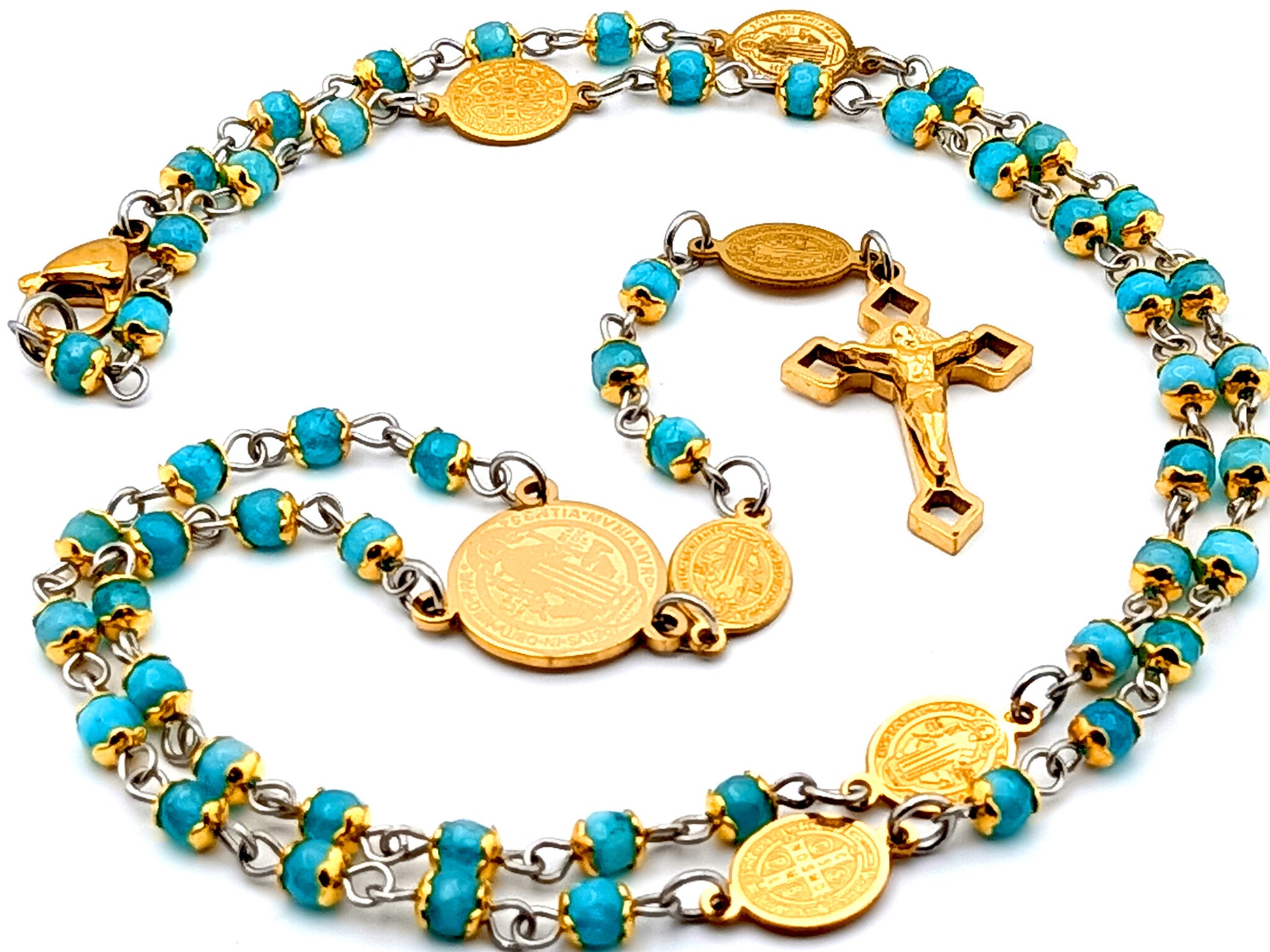 Saint Benedict faceted agate gemstone wearable unique rosary beads with Saint Benedict gold plated linking medals and crucifix.