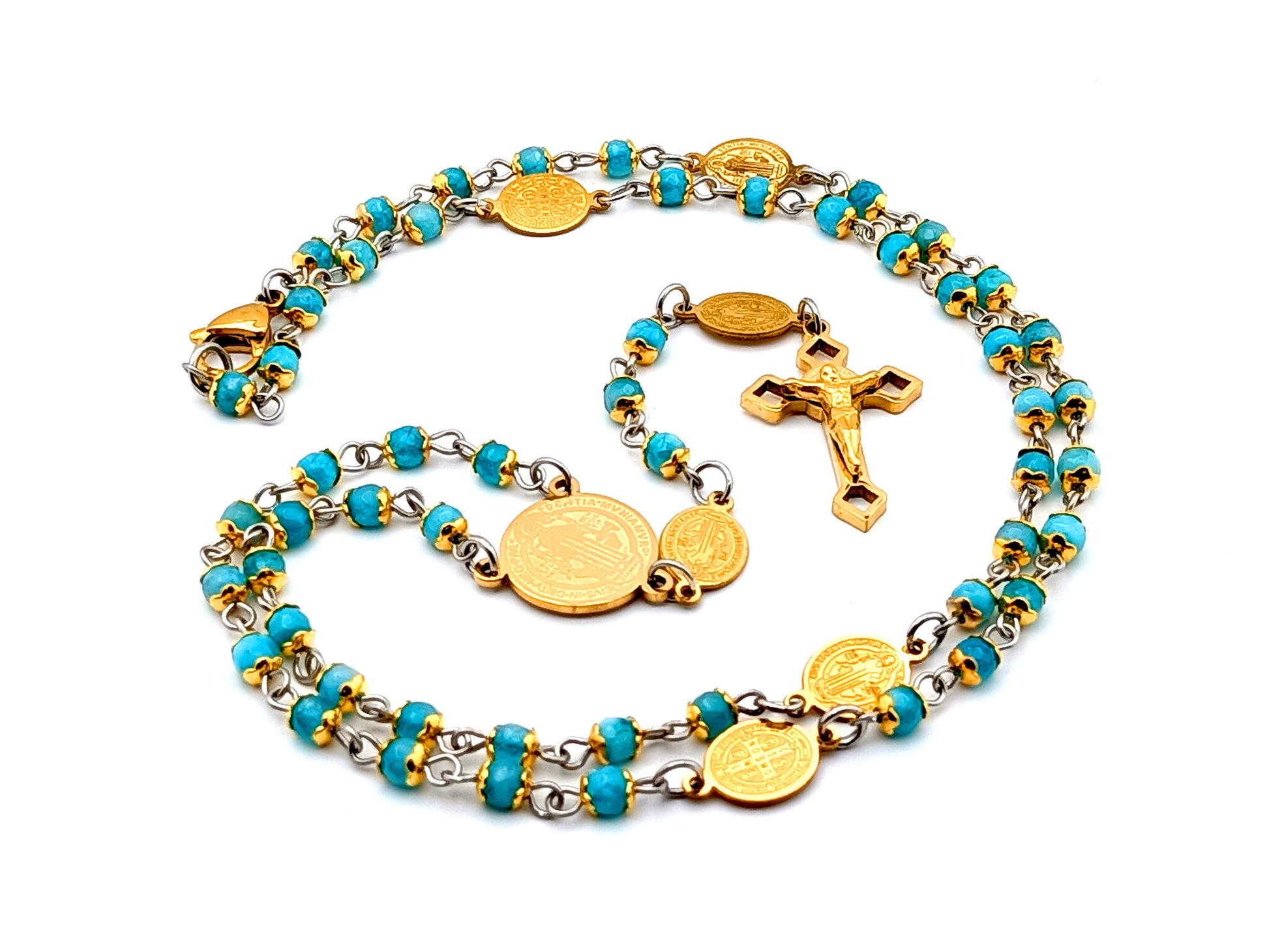 Saint Benedict faceted agate gemstone wearable unique rosary beads with Saint Benedict gold plated linking medals and crucifix.