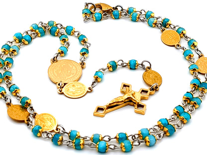 Saint Benedict faceted agate gemstone wearable unique rosary beads with Saint Benedict gold plated linking medals and crucifix.