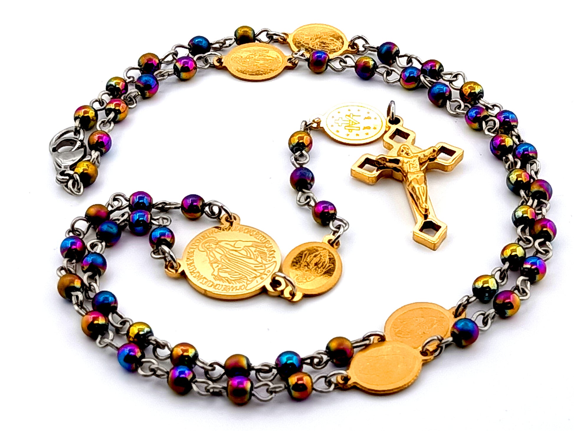 Saint Benedict unique rosary beads hematite gemstone miniature wearable necklace rosary beads with gold plated stainless steel Saint Benedict crucifix.